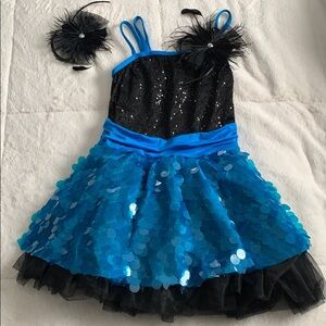 Weissman SA Dance Costume Blue Black Dress & hairpiece EUC Small